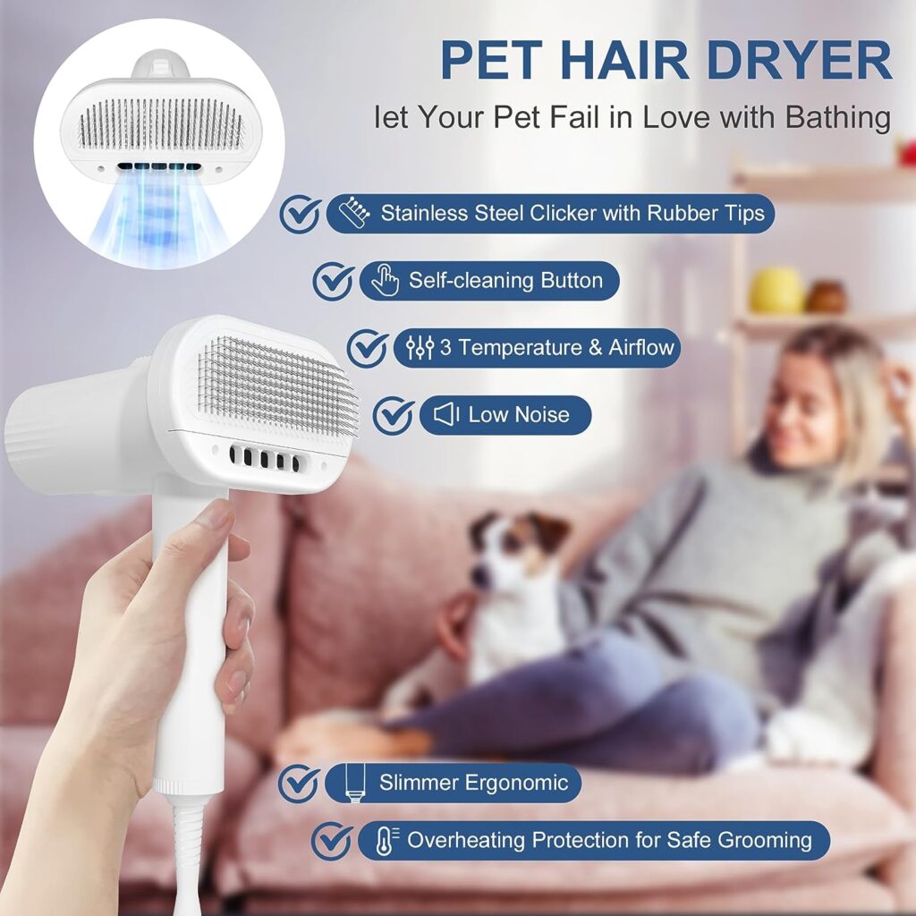 LW BROS. 2-in-1 Dog Dryer and Brush- Pet Grooming Dryer with Overheating Protection, 3 Blowing Modes, Slimmer Handle, and Low Noise Dog Hair Dryer for Small and Medium Dogs and Cats (White)