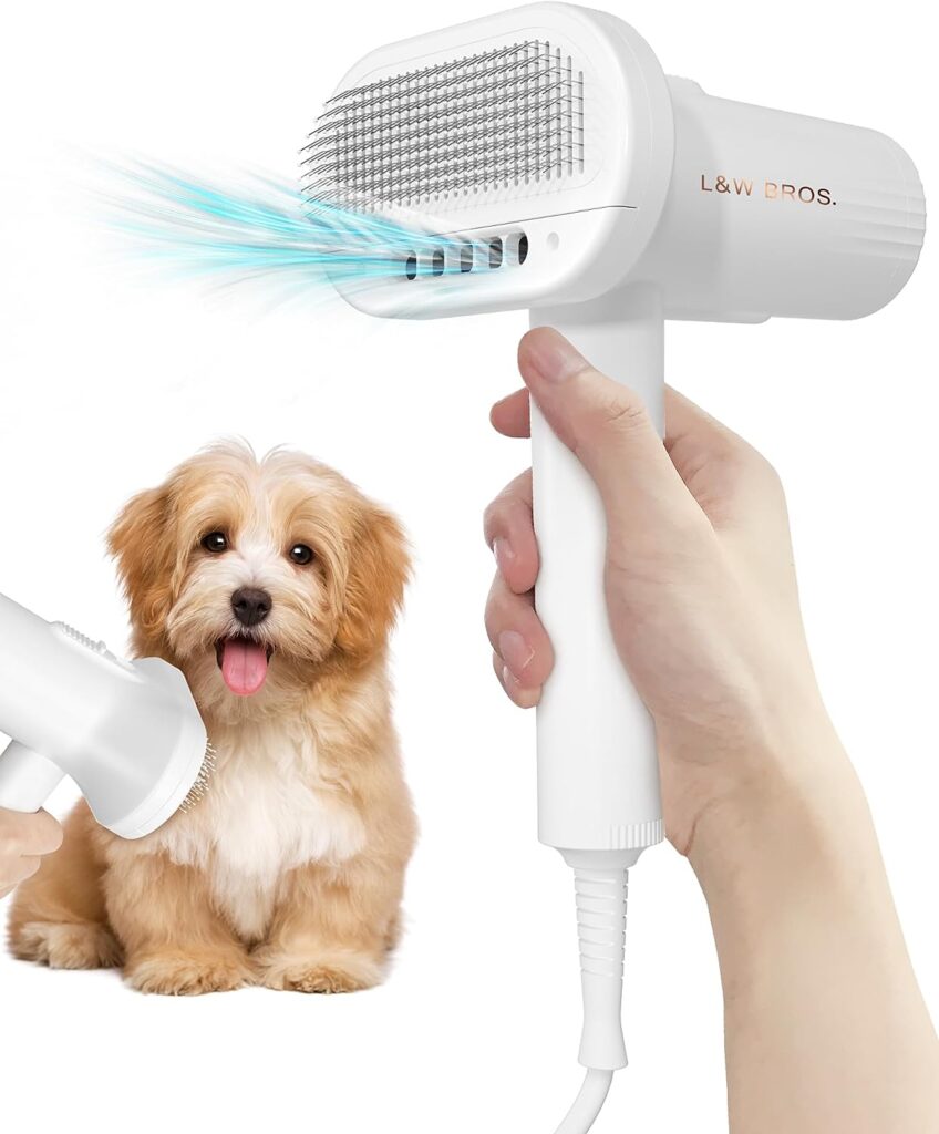 LW BROS. 2-in-1 Dog Dryer and Brush- Pet Grooming Dryer with Overheating Protection, 3 Blowing Modes, Slimmer Handle, and Low Noise Dog Hair Dryer for Small and Medium Dogs and Cats (White)