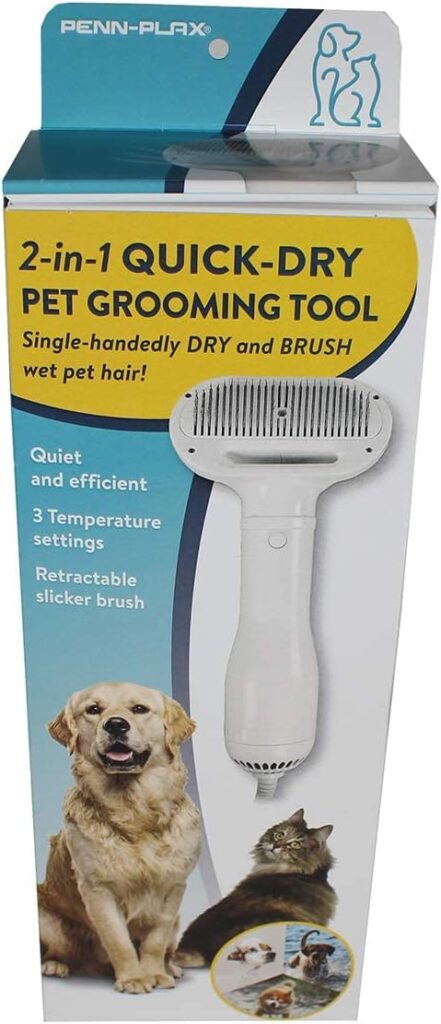 Penn-Plax Quick-Dry 2 in 1 Pet Grooming Tool – Doubles as a Dryer and Slicker Brush with 3 Air/Heat Settings – Safe for All Dogs and Cats