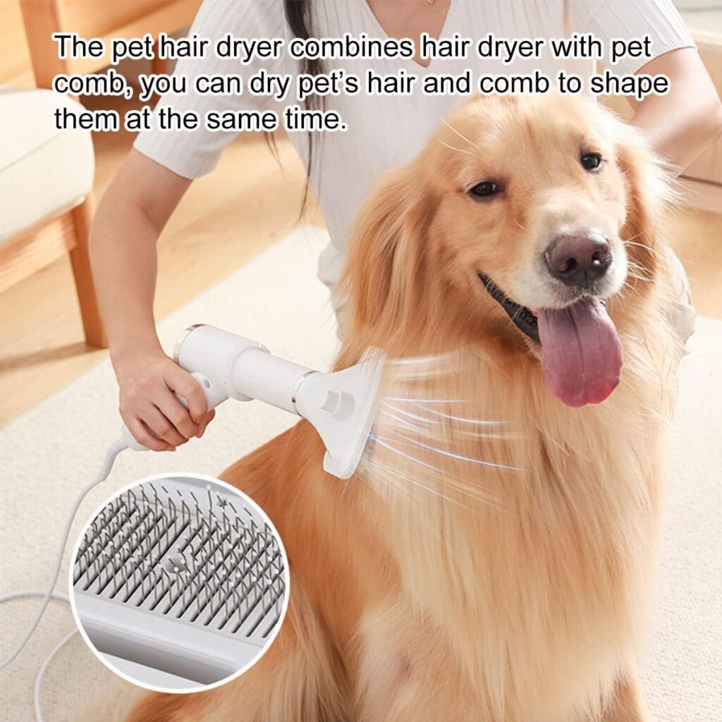 Pet Hair Dryer, Quiet, 2 in 1 Pet Grooming Hair Dryer with Slicker Brush, Dog Hair Dryer with 3 Step Adjustment for Small and Medium Dogs and Cats