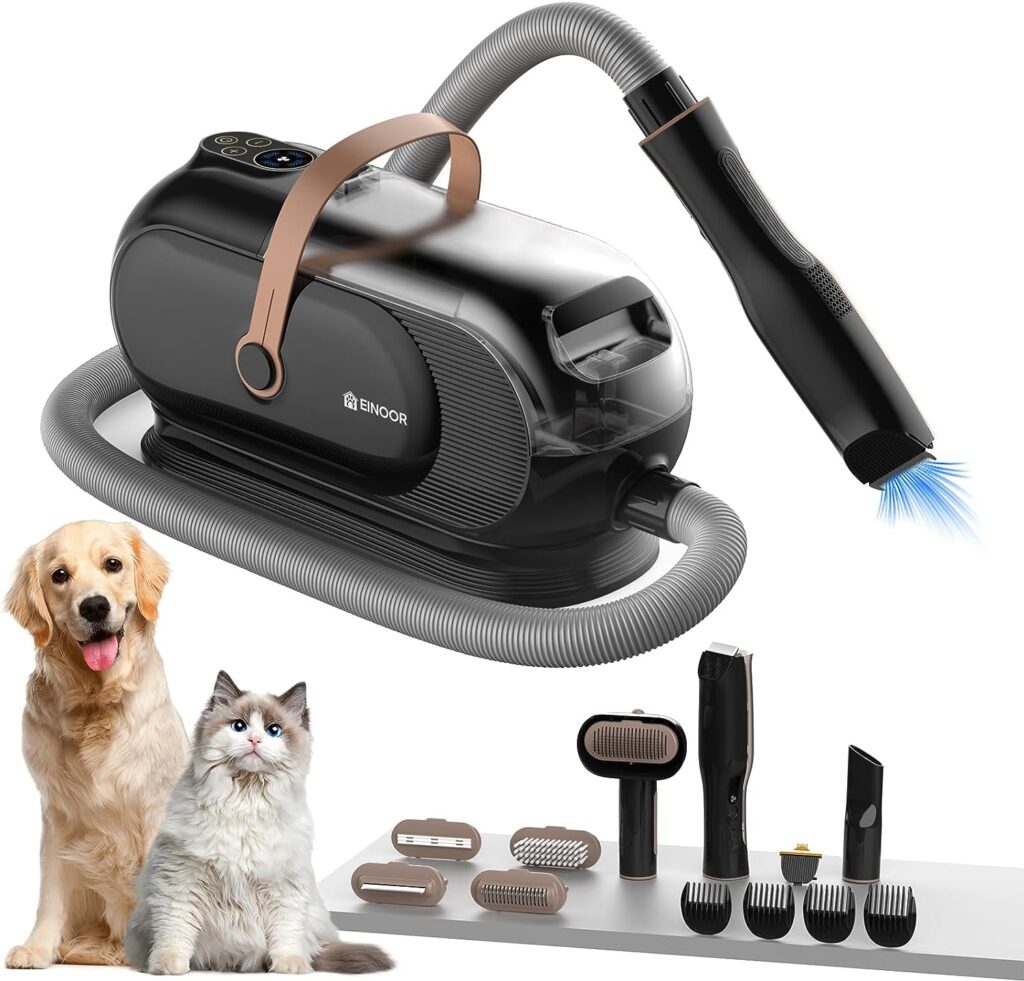 EINOOR Pet Grooming Kit,3L Dog Hair Vacuum Suction 99% Pet Hair,7 Pet Grooming Tools,4 Limit Combs, Storage Bag,Quiet Pet Vacuum Groomer with Nail Grinder,Low Noise Design-Black