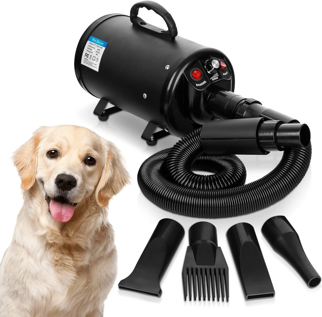 Epetlover Dog Hair Dryer 3.2HP/2400W Household Pet Grooming Blower, Speed-Adjustable Cat Dryer with Heater, 4 Different Nozzles, Black