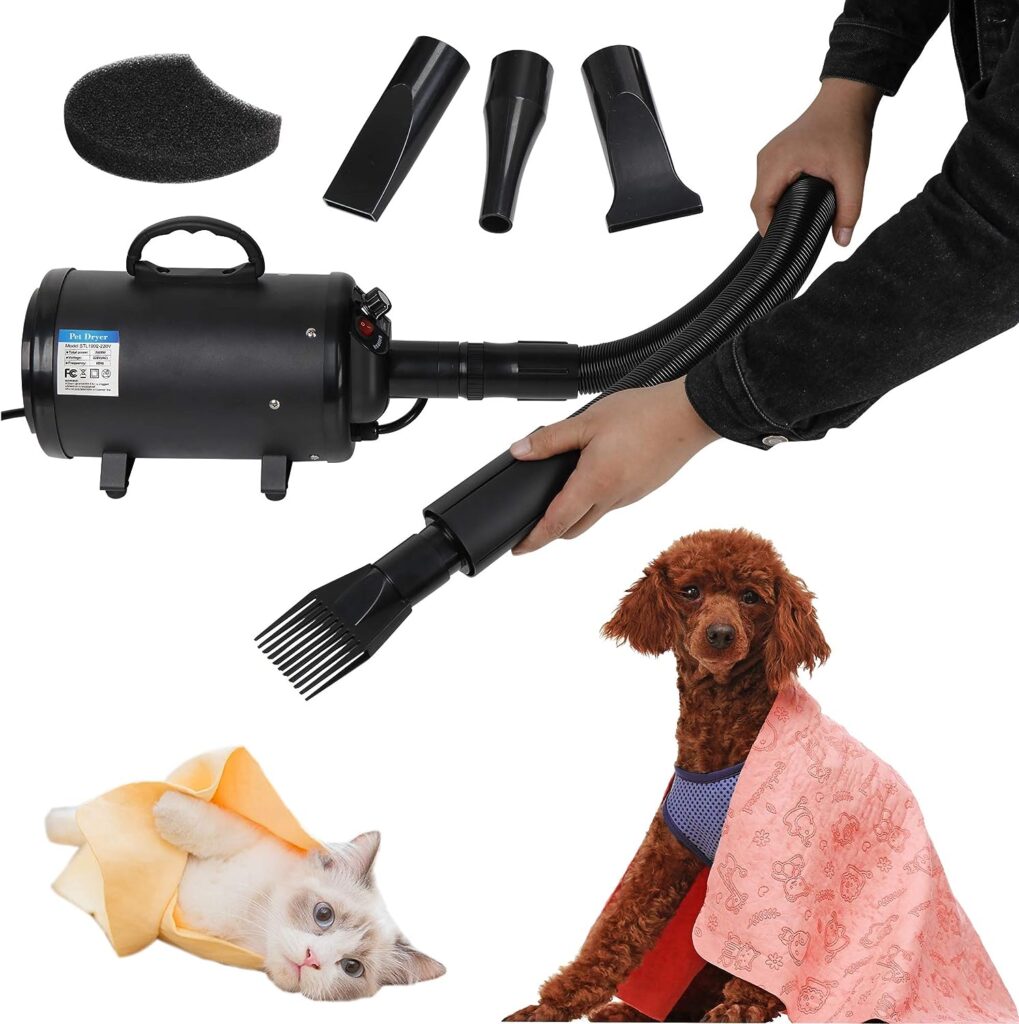 Epetlover Dog Hair Dryer 3.2HP/2400W Household Pet Grooming Blower, Speed-Adjustable Cat Dryer with Heater, 4 Different Nozzles, Black