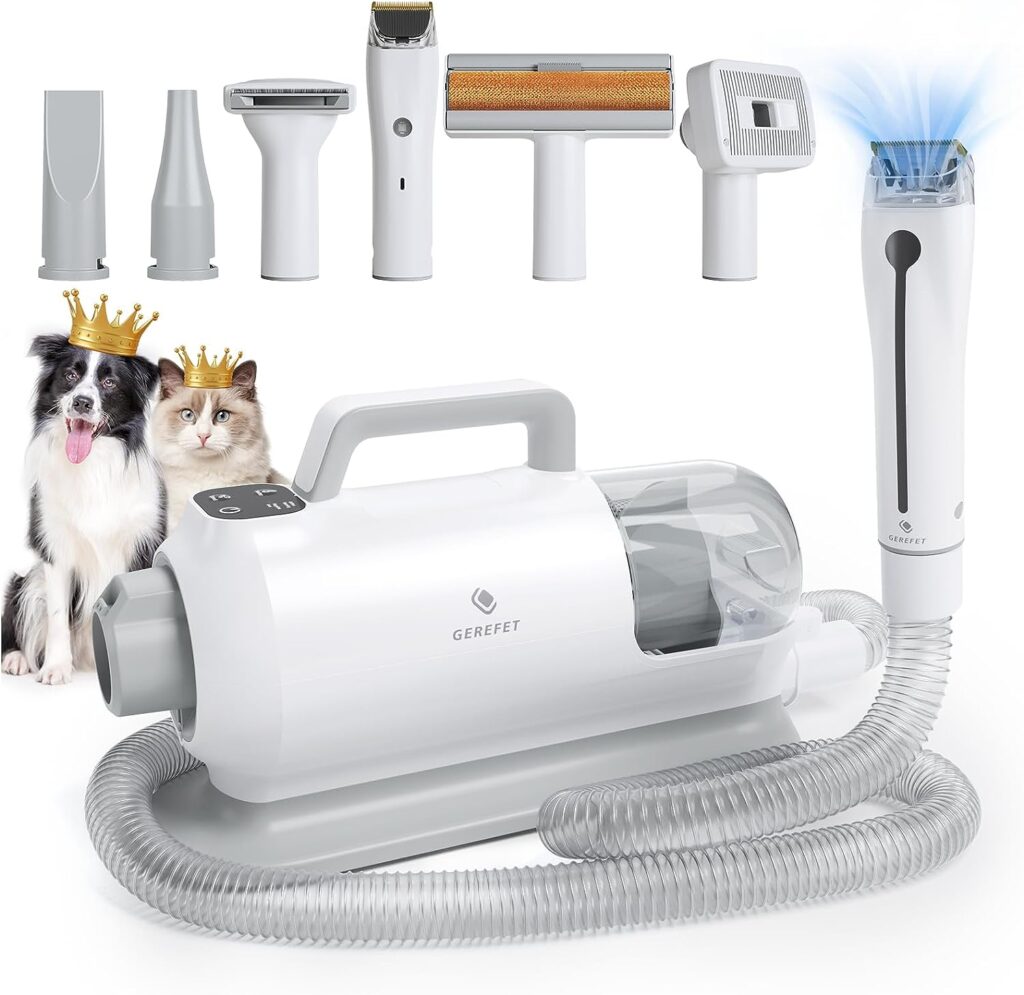 GEREFET Pet Grooming Vacuum and Blower Dryer, Low Noise Dog Grooming Kits with 6 Professional Grooming Shedding Tools for Dog, Cat and Other Animals