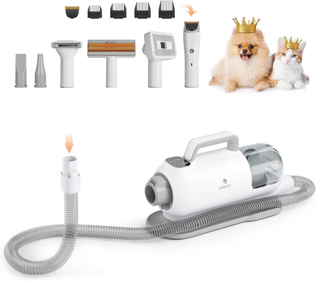 GEREFET Pet Grooming Vacuum and Blower Dryer, Low Noise Dog Grooming Kits with 6 Professional Grooming Shedding Tools for Dog, Cat and Other Animals