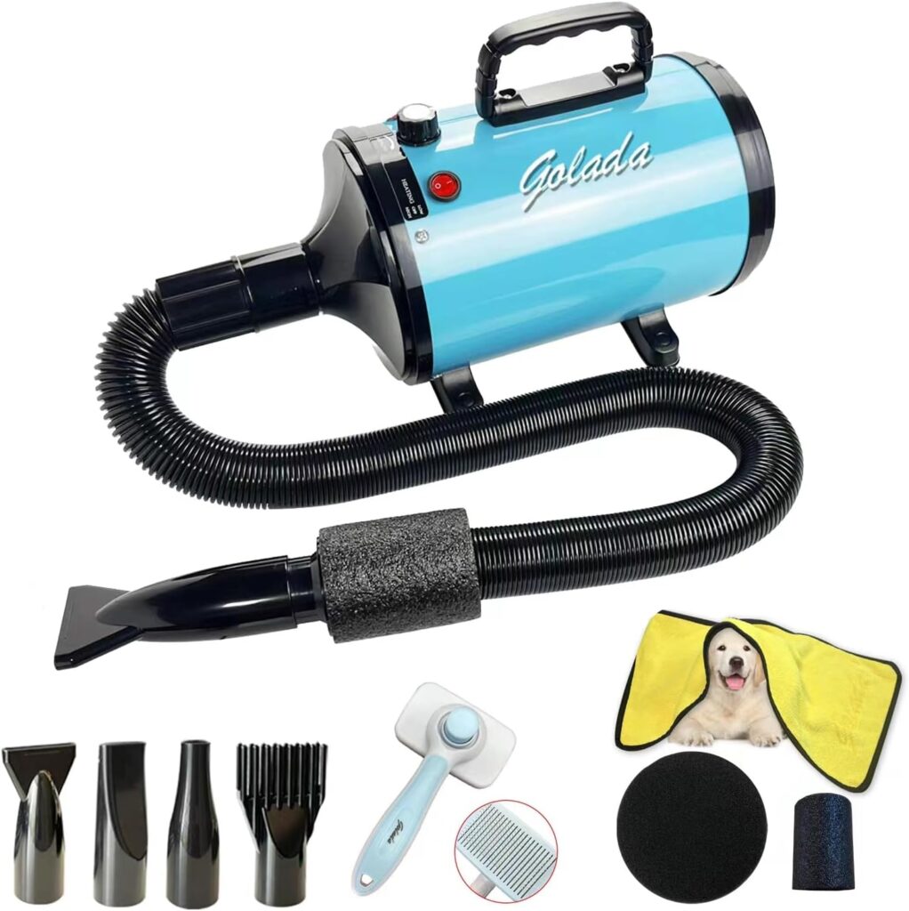 GOLADA Dog Dryer, Pet Grooming Hair Dryer - Dog Hair Dryer with Adjustable Temperature and Speed for Pet Grooming，with Pet Brush, Pet Towel, 4 Different Nozzles (Blue)