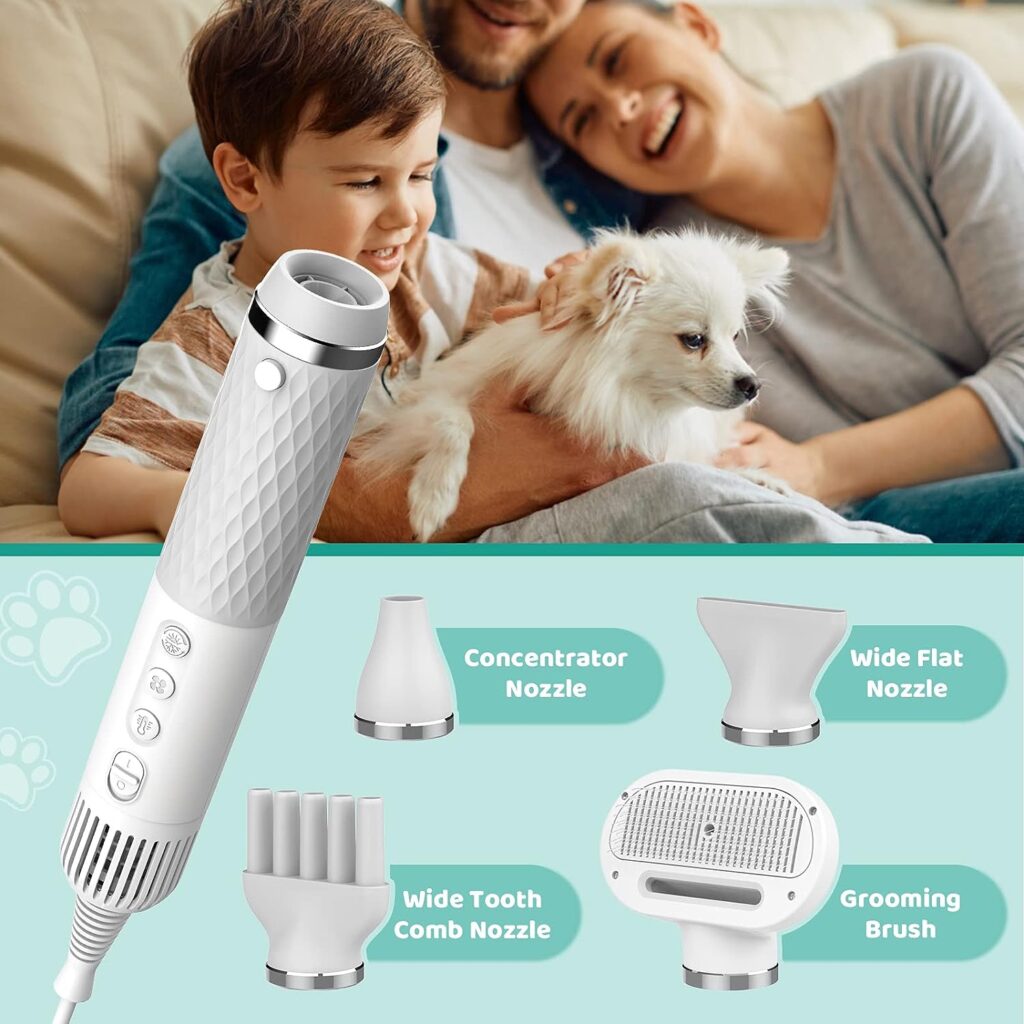 IFurffy Dog Hair Dryer, 5 in 1 Portable Handheld Dog Dryer with Smart Temperature Adjustment, Dog Blow Dryer with Grooming Brush for Home, Pet Washing Station, Travel