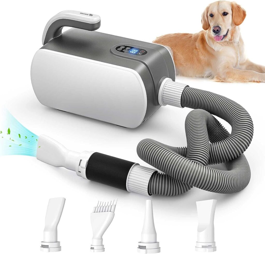 Kidken Dog Dryer,5.2HP/3800W High Velocity Professional Dog Hair Dryer with LED Screen,Low Noise Adjustable Speed and Temperature Control Dog Blow Dryer with 4 Different Nozzles for Dog Cat and Pet