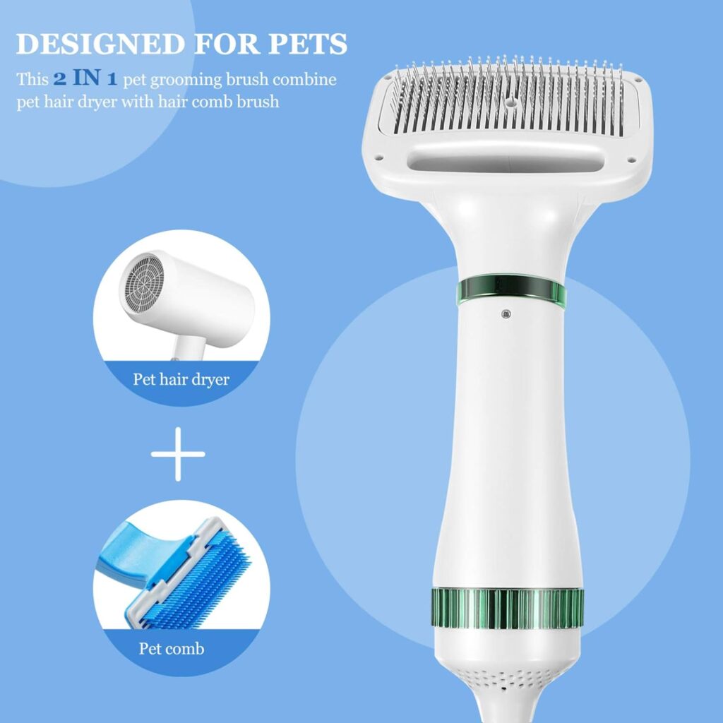 balacoo 2 in 1 Dog Hair Dryer Comb Pet Hair Dryer Portable Dog Dryer with Slicker Brush Professional Home Grooming Furry Drying Blower for Small Large Cat Dog White