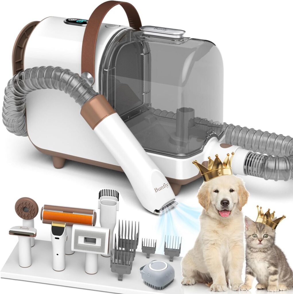 Bunfly Dog Grooming Kit  Vacuum Suction 99% Pet Hair, 7 Pet Grooming Tools for Dogs Cats, 3L Large Capacity Dust Cup, Quiet Pet Vacuum Groomer（BrownWhite）