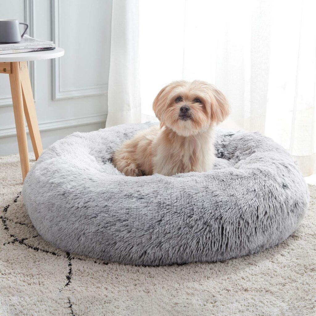 Calming Dog Cat Bed, Anti-Anxiety Donut Cuddler Warming Cozy Soft Round Bed, Fluffy Faux Fur Plush Cushion bed for Small Medium Dogs and Cats (20/24/27/30)