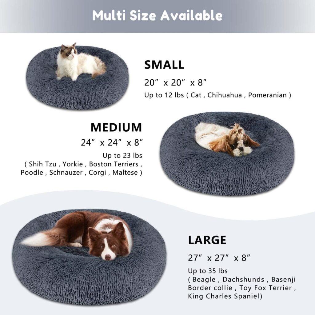 Calming Dog Cat Bed, Anti-Anxiety Donut Cuddler Warming Cozy Soft Round Bed, Fluffy Faux Fur Plush Cushion bed for Small Medium Dogs and Cats (20/24/27/30)