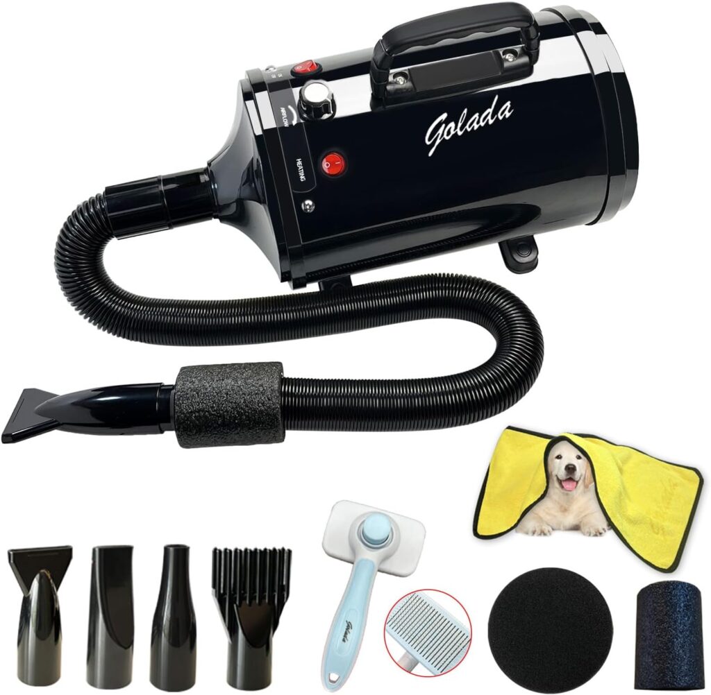 GOLADA Dog Dryer, Pet Grooming Hair Dryer - Dog Hair Dryer with Adjustable Temperature and Speed for Pet Grooming，with Pet Brush, Pet Towel, 4 Different Nozzles (Black)