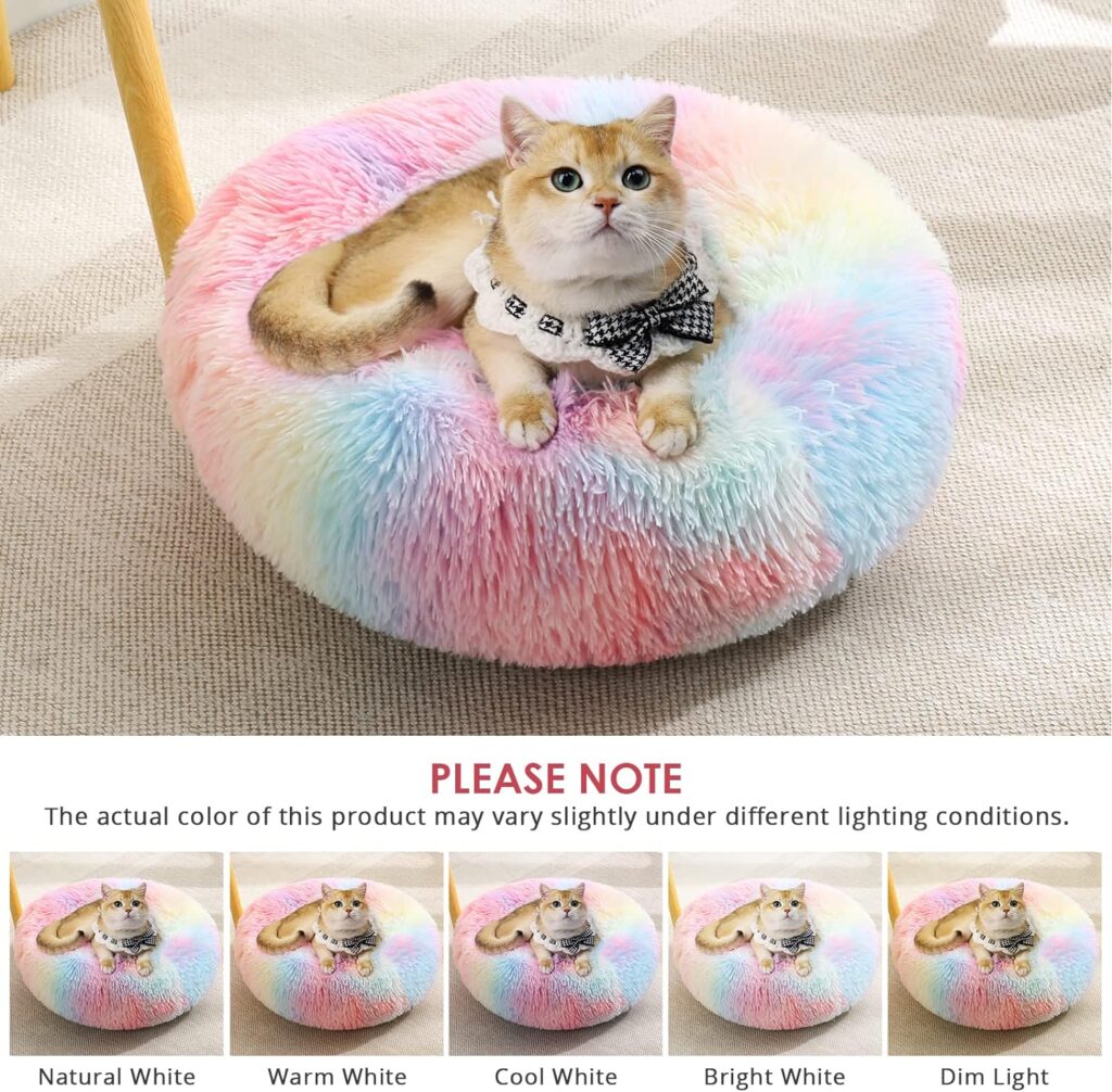 JOLLYVOGUE Calming Donut Dog Bed Cat Bed, Fluffy Faux Fur Plush Dog Cuddler Bed, Anti-Anxiety Dog Round Bed, Washable Warming Cozy Soft Dog Cat Cushion Bed for Small Dogs and Cats (20)