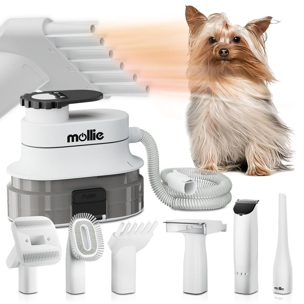 mollie Dog Grooming Vacuum Hair Blower Electric Clippers, 3-in-1 Pet Grooming Kit with 4L Dust Box, 6 Grooming Tools for Large Dog Cat or Other Animals, Black