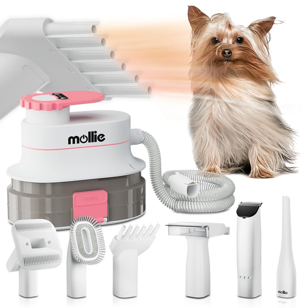 mollie Pet Grooming Kit, Low Noise Dog Grooming Vacuum w/ 4L Dust Box Hair Blow Dryer Grooming Clippers, 6 in 1 Pet Grooming Tool with 3 Mode Powerful Suction, Pink