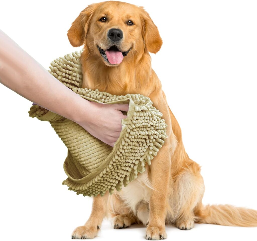 Muddy Mat® Doggy Dryer, Highly Absorbent Microfiber Washable Dog Shammy, Quick Drying Towel Absorber, Extra Soft Plush Wrap Chenille Bath Towels to Dry Soggy Large Pets Small Puppy - Beige