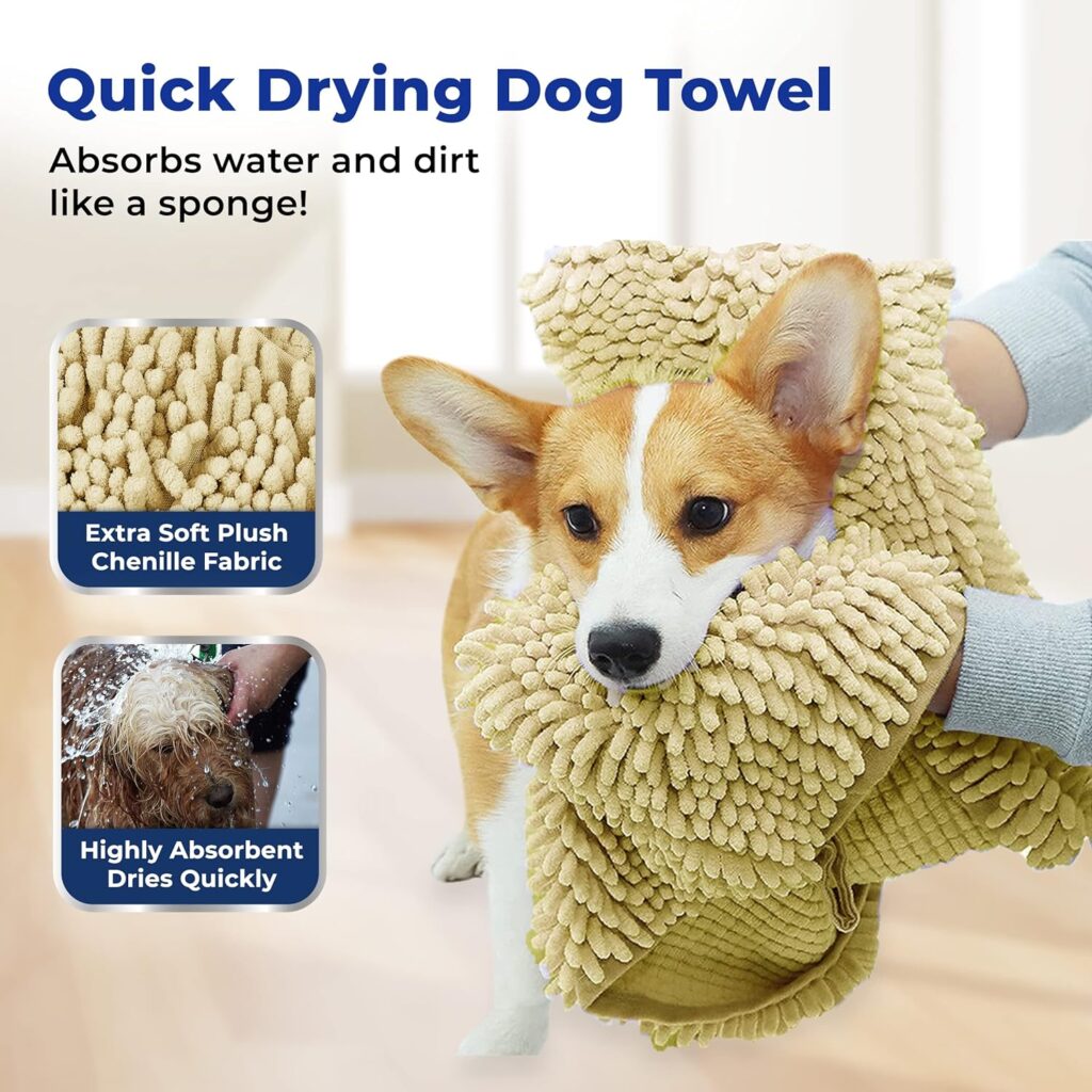 Muddy Mat® Doggy Dryer, Highly Absorbent Microfiber Washable Dog Shammy, Quick Drying Towel Absorber, Extra Soft Plush Wrap Chenille Bath Towels to Dry Soggy Large Pets Small Puppy - Beige