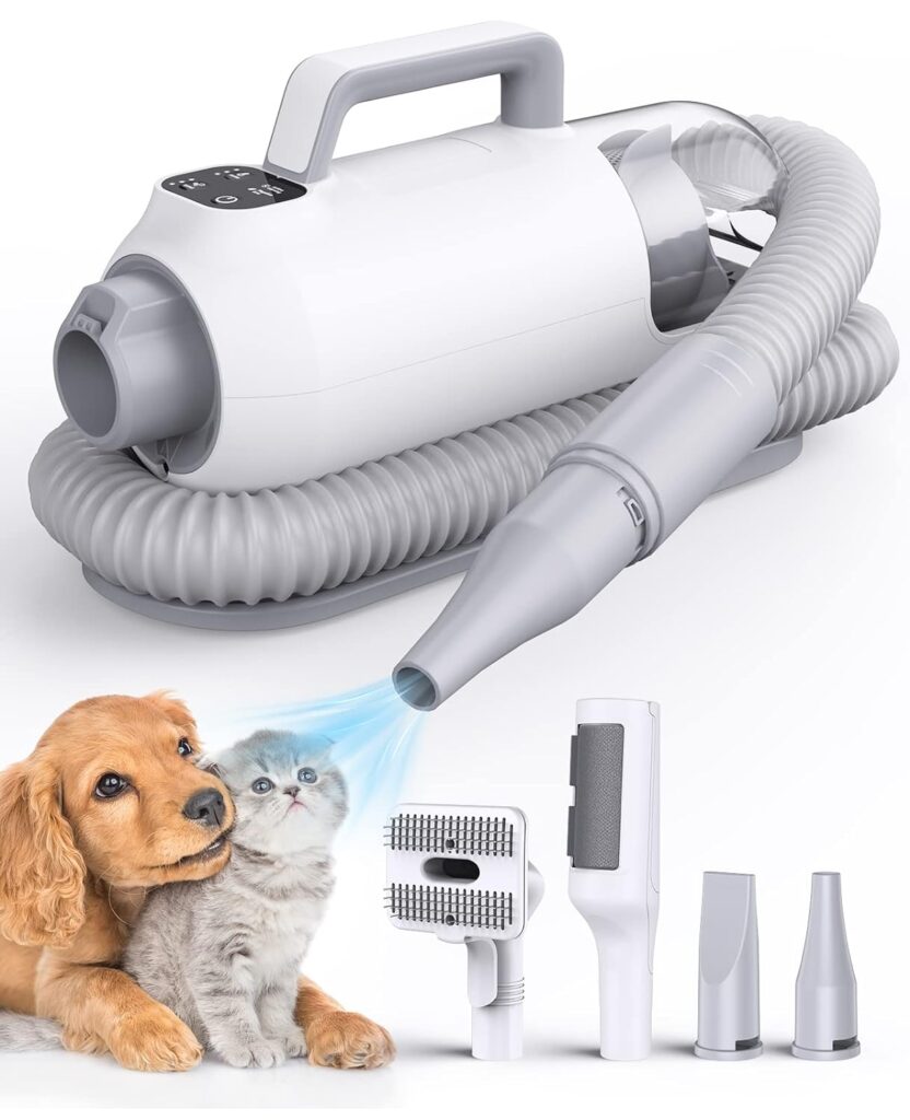 oneisall Dog Hair Dryer and Vacuum 2 in 1, Dog Grooming Kit with 4 Pet Grooming Tools for Drying Shedding Brush Pet Hair, Pet Blow Dryer with Adjustable Speed Temperature, 1L Dust Cup (white)