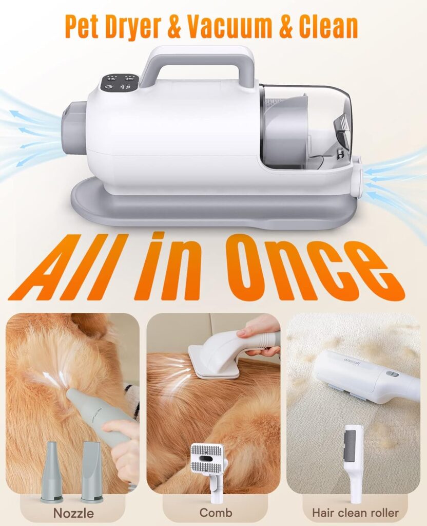 oneisall Dog Hair Dryer and Vacuum 2 in 1, Dog Grooming Kit with 4 Pet Grooming Tools for Drying Shedding Brush Pet Hair, Pet Blow Dryer with Adjustable Speed Temperature, 1L Dust Cup (white)