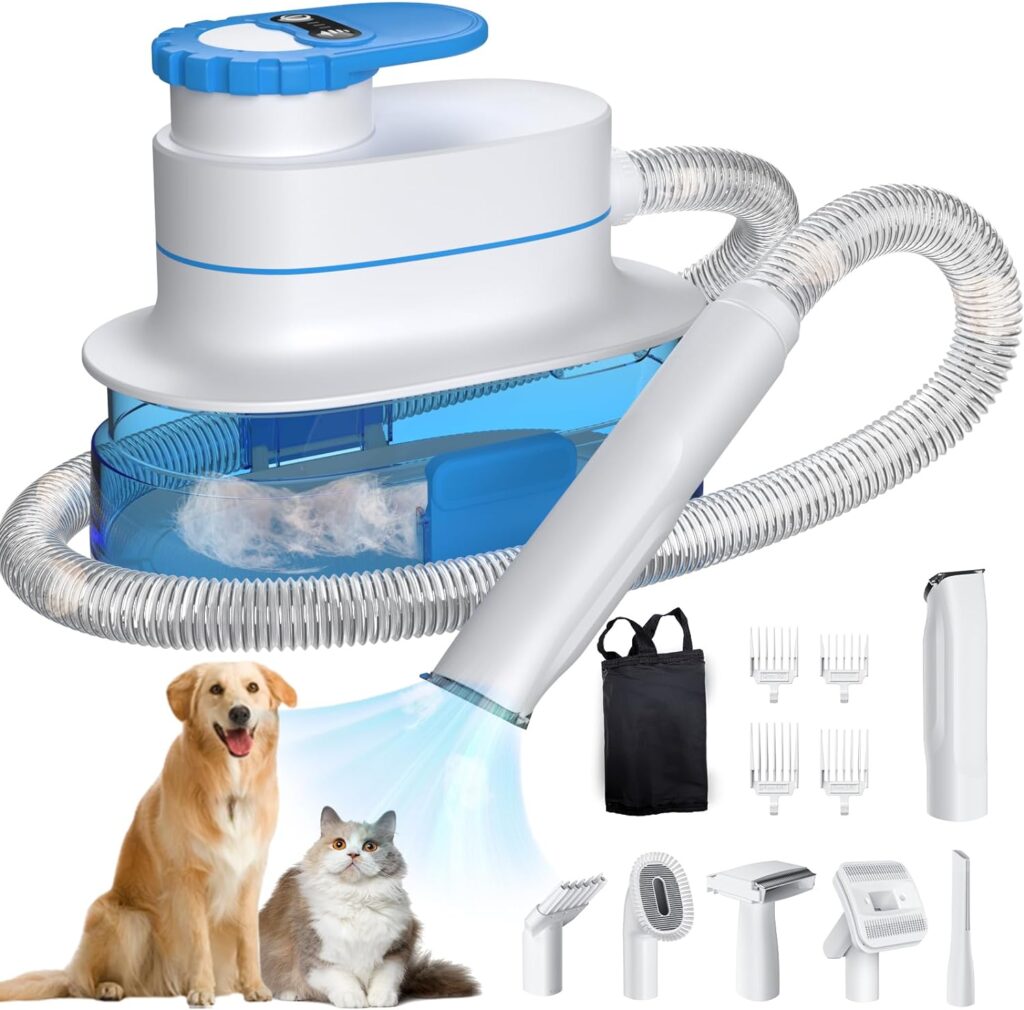 Pet Grooming Kit 4L Vacuum Suction 99% Pet Hair, 8 Tools Including Grooming Clippers Nozzle Blowing Dryer Cleaning and Shedding Brush Storage Bag for Dogs Cats and Other Animals（Blue）