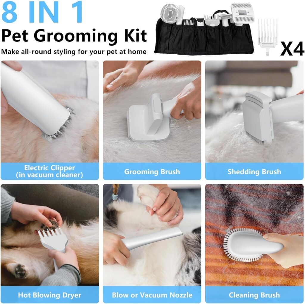 Pet Grooming Kit 4L Vacuum Suction 99% Pet Hair, 8 Tools Including Grooming Clippers Nozzle Blowing Dryer Cleaning and Shedding Brush Storage Bag for Dogs Cats and Other Animals（Blue）