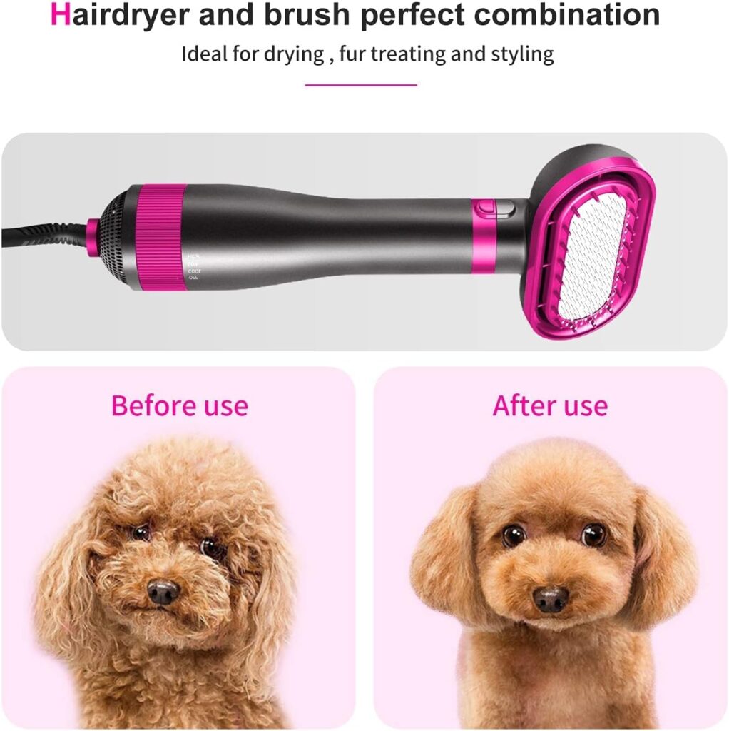 Pet Hair Dryer, 2-in-1 Dog Hair Blower with Brush, 3-Modes Blow Professional Home Grooming Drying for Small Large Cat Puppy Rose