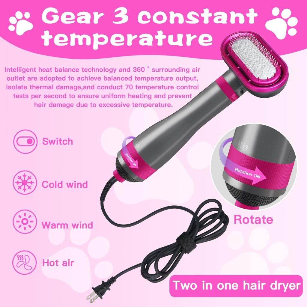 Pet hair dryer, upgraded 2-in-1 pet grooming hair dryer with a hair comb, home dog hair dryer, 360º surround air, three-stage thermostat, suitable for small and medium-sized dogs and cats