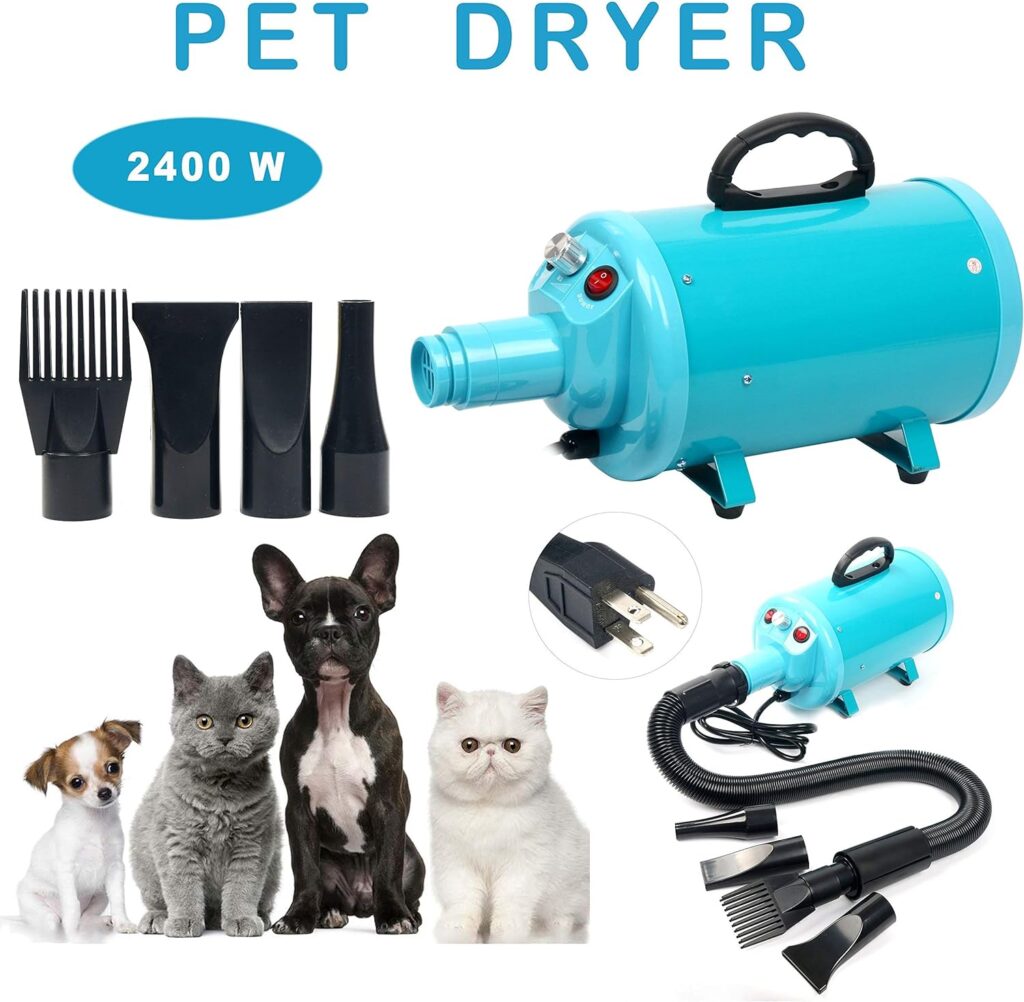 Portable Dog Cat Pet Grooming Dryer 2400w Salon Blow Hair Dryer Quick Draw Hairdryer with Different 4 Nozzles Pet Hairdryer Machine Set (Blue)