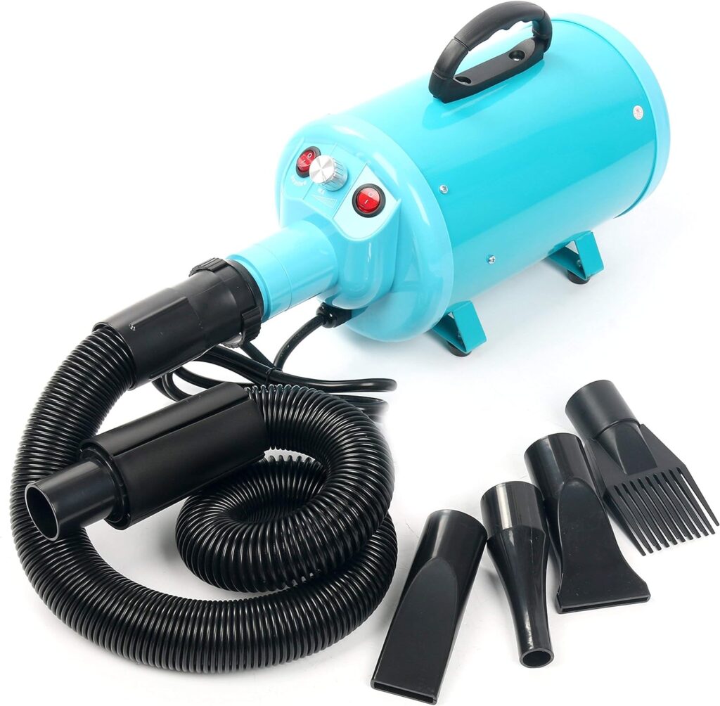 Portable Dog Cat Pet Grooming Dryer 2400w Salon Blow Hair Dryer Quick Draw Hairdryer with Different 4 Nozzles Pet Hairdryer Machine Set (Blue)