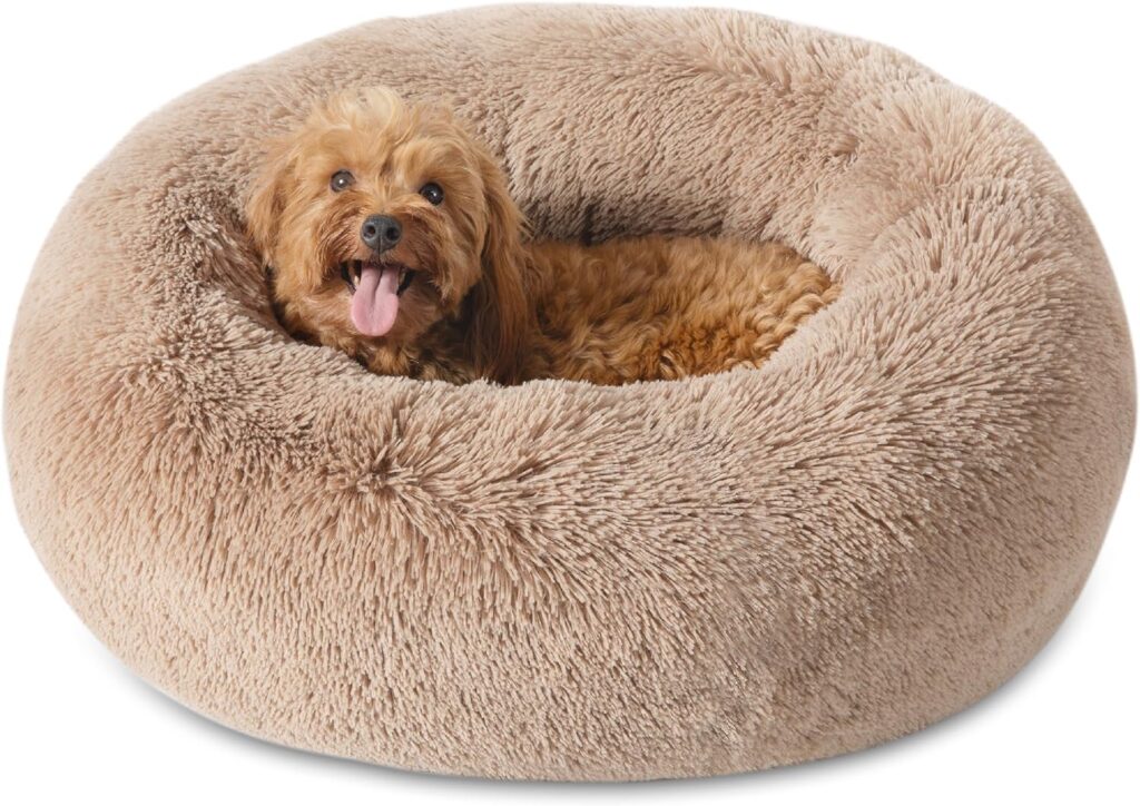 Bedsure Calming Dog Bed for Small Dogs - Donut Washable Small Pet Bed, 23 inches Anti-Slip Round Fluffy Plush Faux Fur Large Cat Bed, Fits up to 25 lbs Pets, Camel