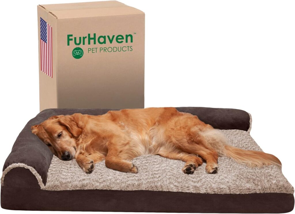 Furhaven Orthopedic Dog Bed for Large Dogs w/ Removable Bolsters Washable Cover, For Dogs Up to 95 lbs - Two-Tone Plush Faux Fur Suede L Shaped Chaise - Espresso, Jumbo/XL