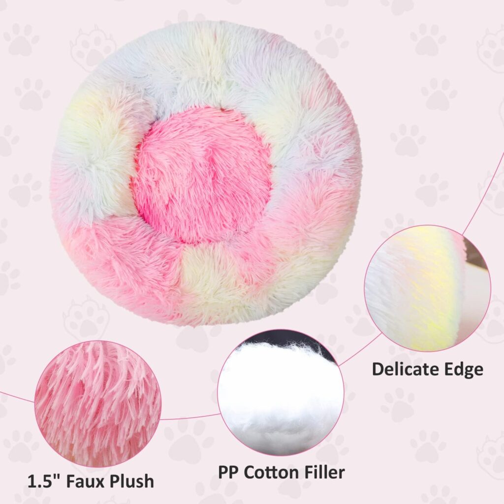 Luciphia Round Dog Cat Bed Donut Cuddler, Faux Fur Plush Pet Cushion for Large Medium Small Dogs, Self-Warming and Cozy for Improved Sleep Purple, Small (20 x20)