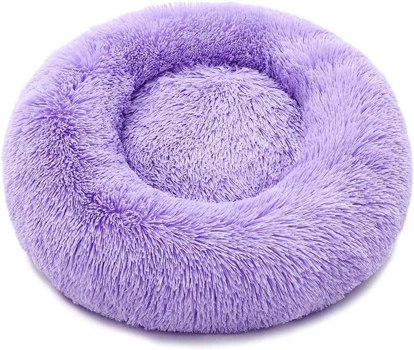 Luciphia Round Dog Cat Bed Donut Cuddler, Faux Fur Plush Pet Cushion for Large Medium Small Dogs, Self-Warming and Cozy for Improved Sleep Purple, Small (20 x20)