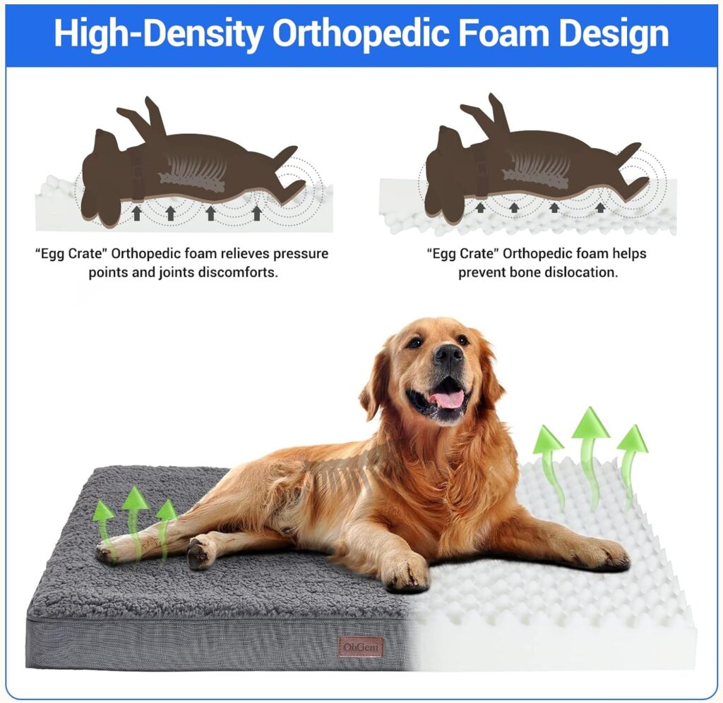 OhGeni Orthopedic Dog Beds for Large Dogs,Dog Bed with Plush Egg Foam Support and Non-Slip Bottom, Waterproof and Machine Washable Removable Pet Bed Cover