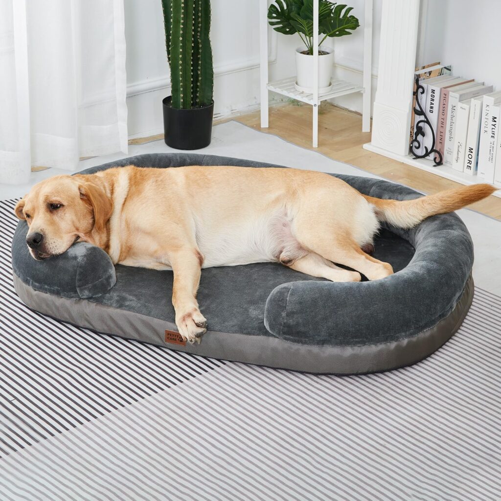 pettycare Orthopedic Dog Bed for Large Dogs with Memory Foam, Waterproof Pet Bed Soft Sofa with Washable Removable Cover Anti-Slip Bottom, Extra Head and Neck Support Sleeper, 38” Dark Grey