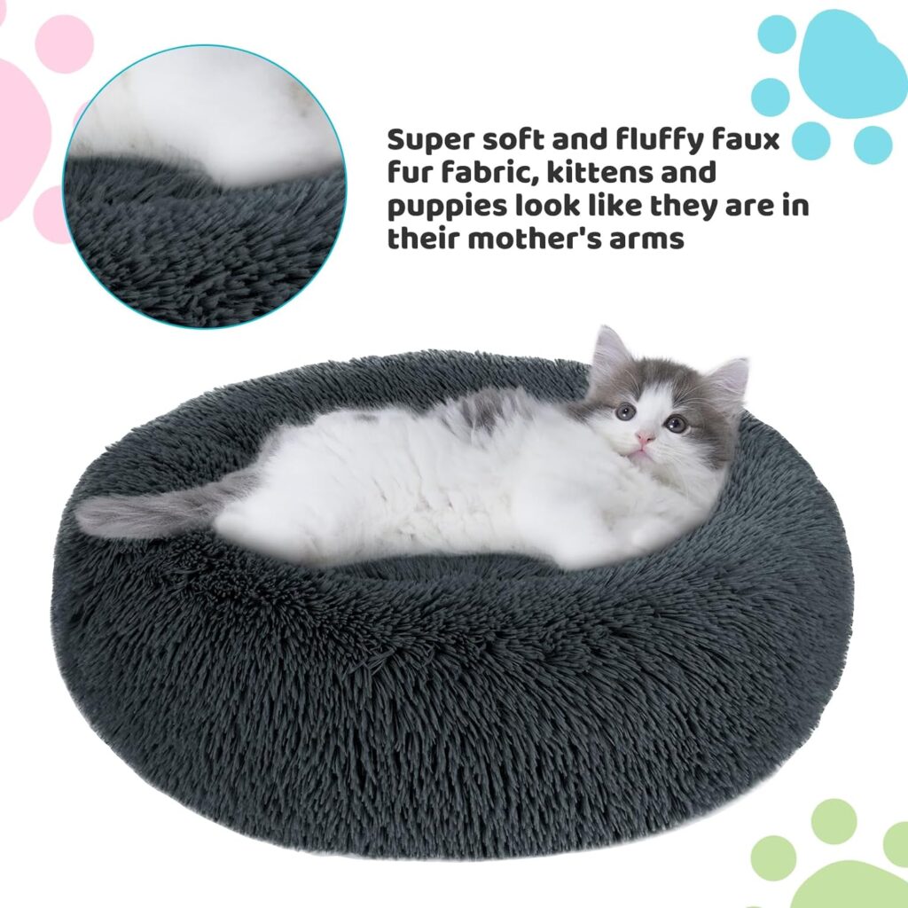 Small Dog Bed, Anti-Anxiety Calming Dog Bed, Warming Cozy Soft Donut Dog Bed, Fluffy Faux Fur Plush Dog Bed for Small Dogs and Cats, Machine Washable.(Gray, 23x23in)