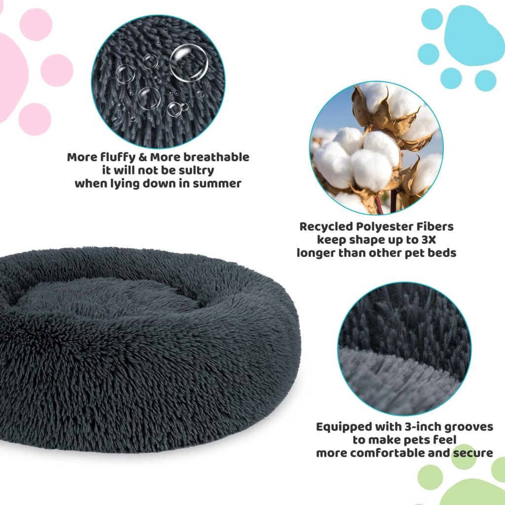 Small Dog Bed, Anti-Anxiety Calming Dog Bed, Warming Cozy Soft Donut Dog Bed, Fluffy Faux Fur Plush Dog Bed for Small Dogs and Cats, Machine Washable.(Gray, 23x23in)