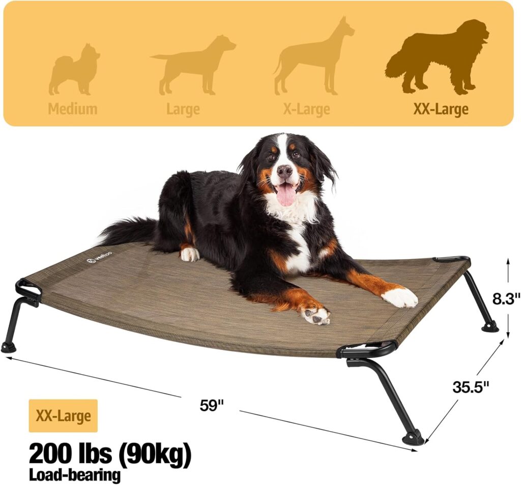 Veehoo Curved Cooling Elevated Dog Bed, Black Frame Outdoor Raised Dog Cot, Chew Proof Pet Bed with Washable Breathable Textilene Mesh, Non-Slip Feet for Indoor Outdoor, Medium, Brown, CWC2303A