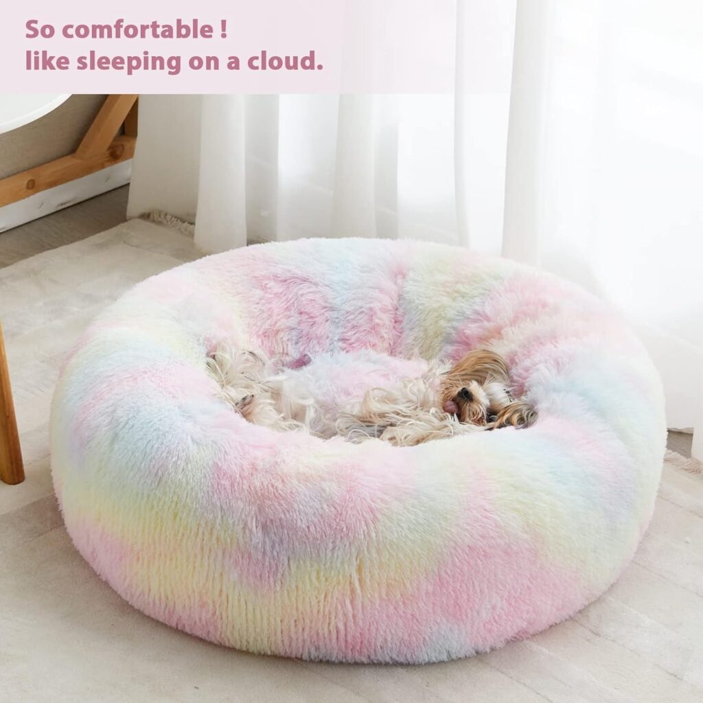 WNPETHOME Calming Dog Bed Cat Bed Donut, Faux Fur Pet Bed Self-Warming Donut Cuddler, Comfortable Round Plush Dog Beds (20 x 20 x 8 Inch, Light Pink)